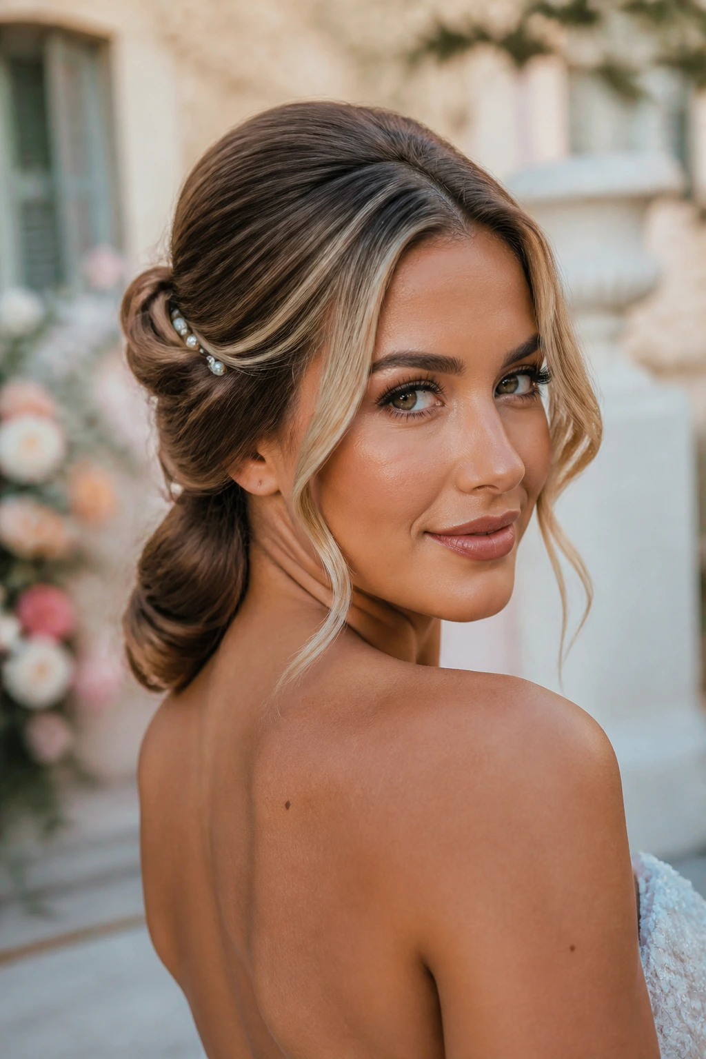 Bride with retro rolled half-up hairstyle featuring low crown roll and pearls.