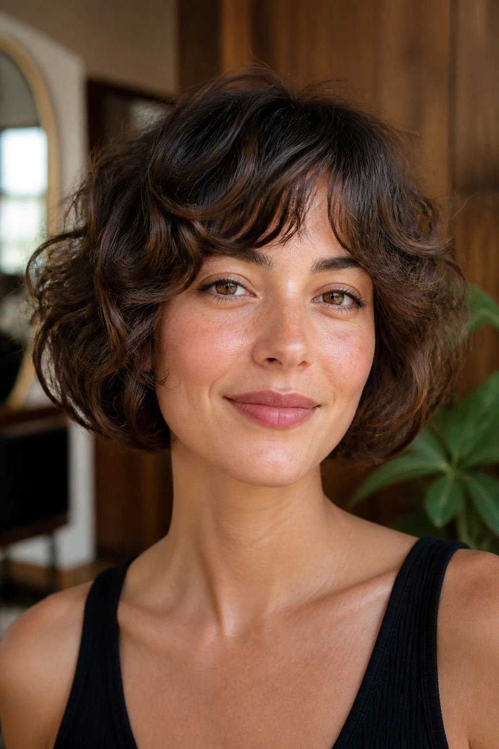Close-up portrait of a woman with a retro rounded bob and subtle baby layers in a sunlit salon