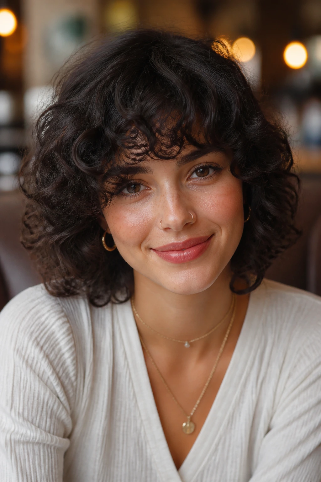 Close-up of a woman with retro rounded fringe in warm cafe lighting