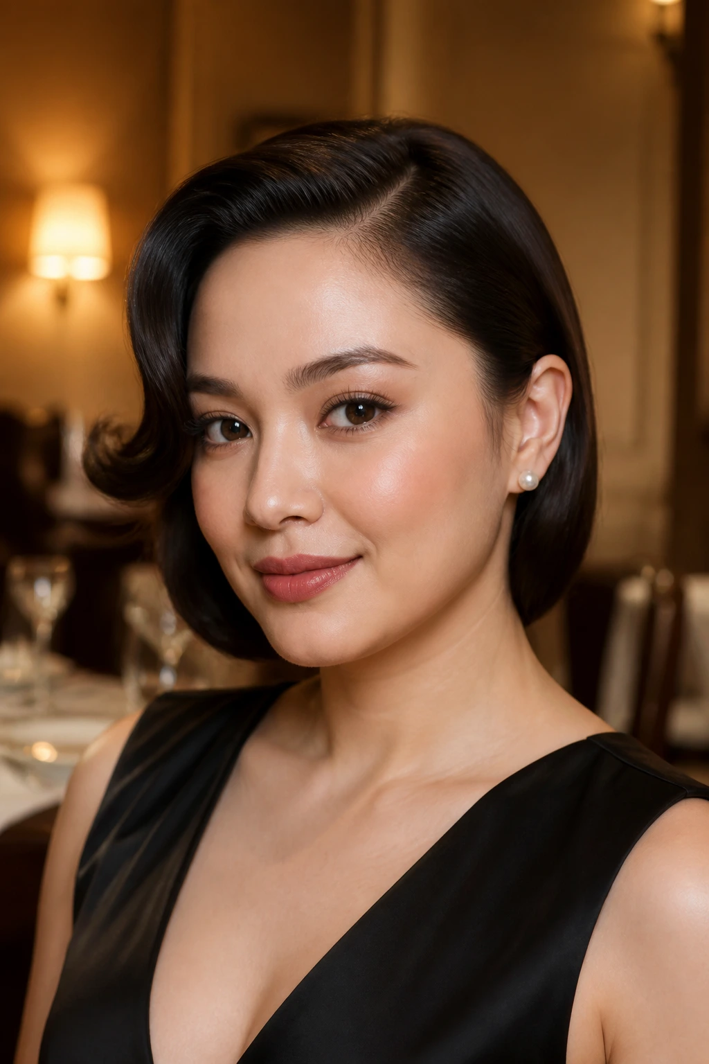 Close-up of a woman with a retro side wave framing the face.