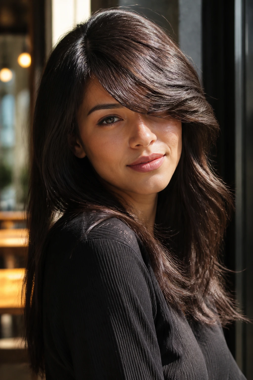 Close-up portrait of a real person with retro swoop bangs and a big sweep across the forehead.