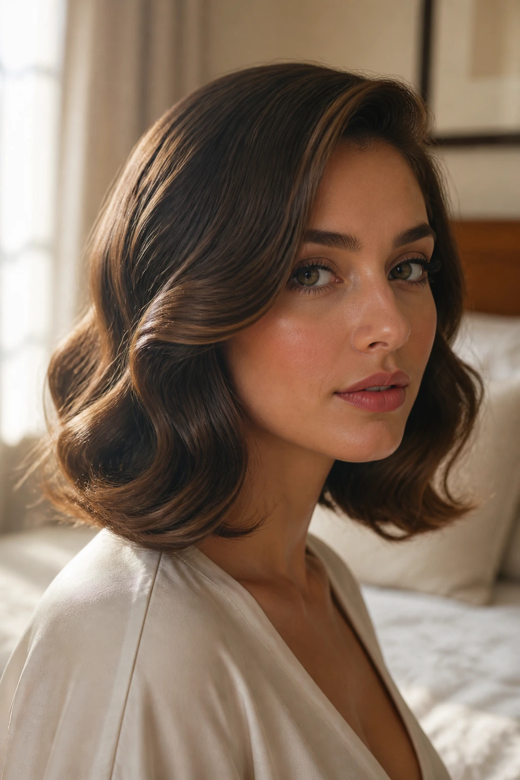 Close-up of retro glam waves brushed to collarbone length on a real woman