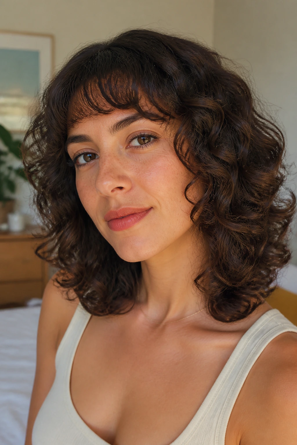 Close-up portrait of a real woman with retro flip waves on medium-length curly hair