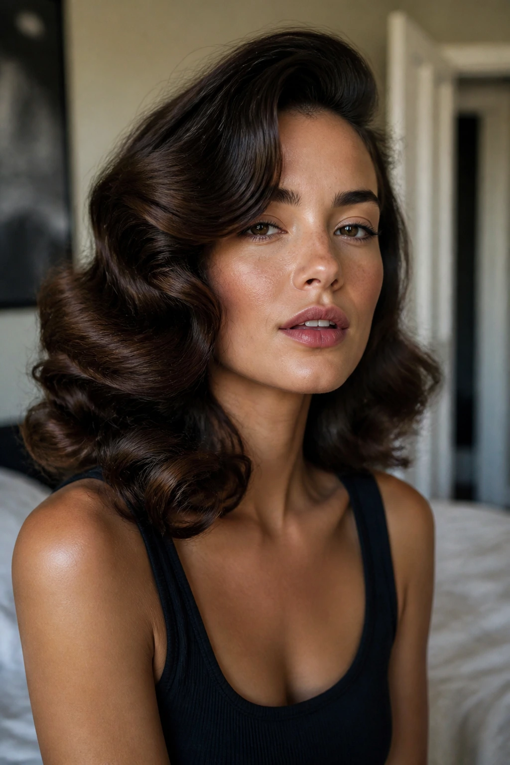 Close-up of a real woman with retro waves in a chic, sunlit room