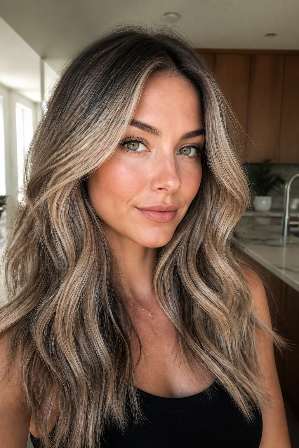 Close-up of a woman with ash brown lowlights in blonde hair