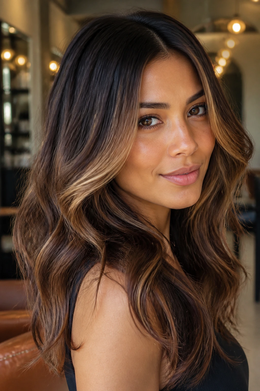 Close-up of a real woman with reverse balayage and caramel depth