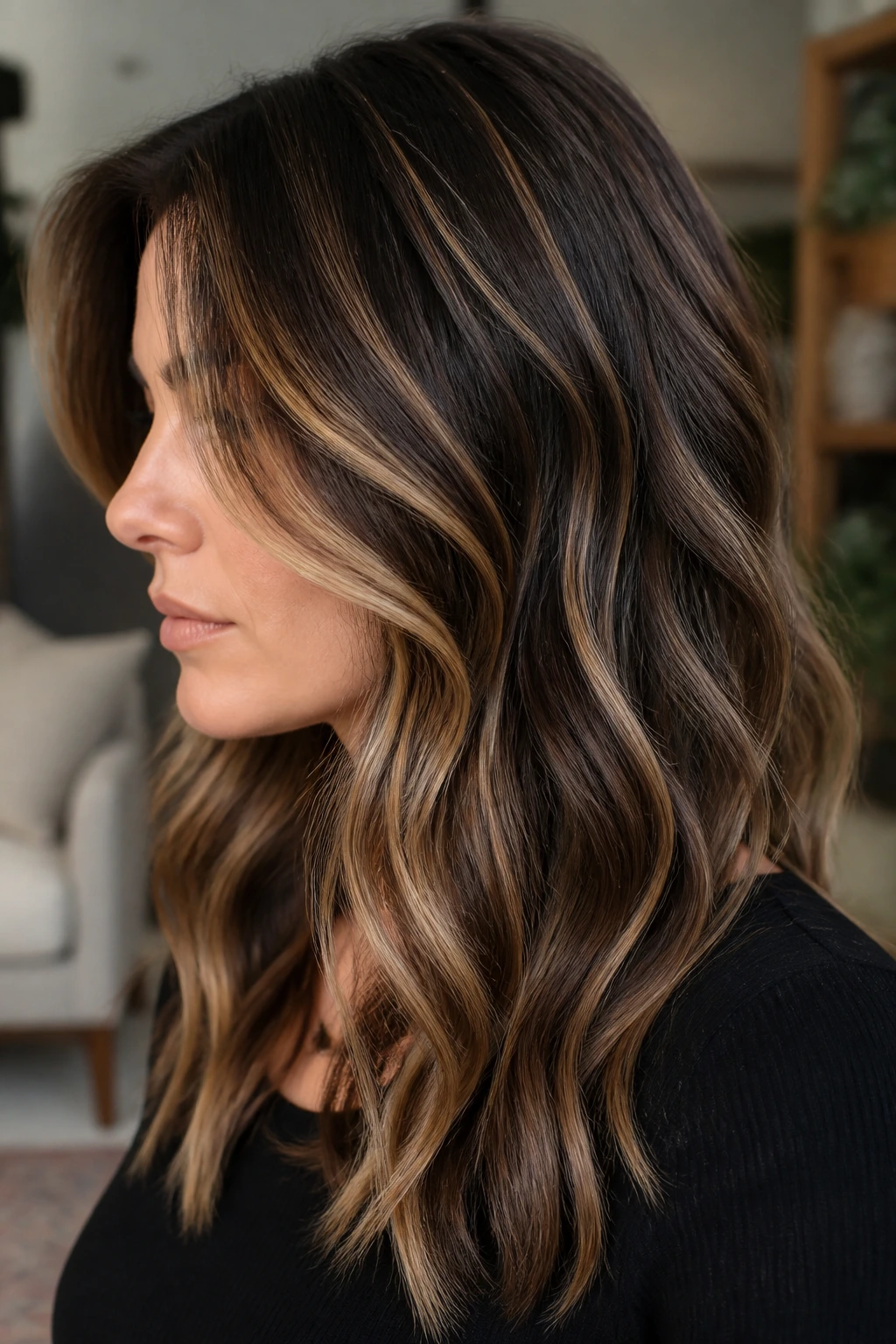 Portrait showing reverse balayage with ash brown lowlights and caramel highlights