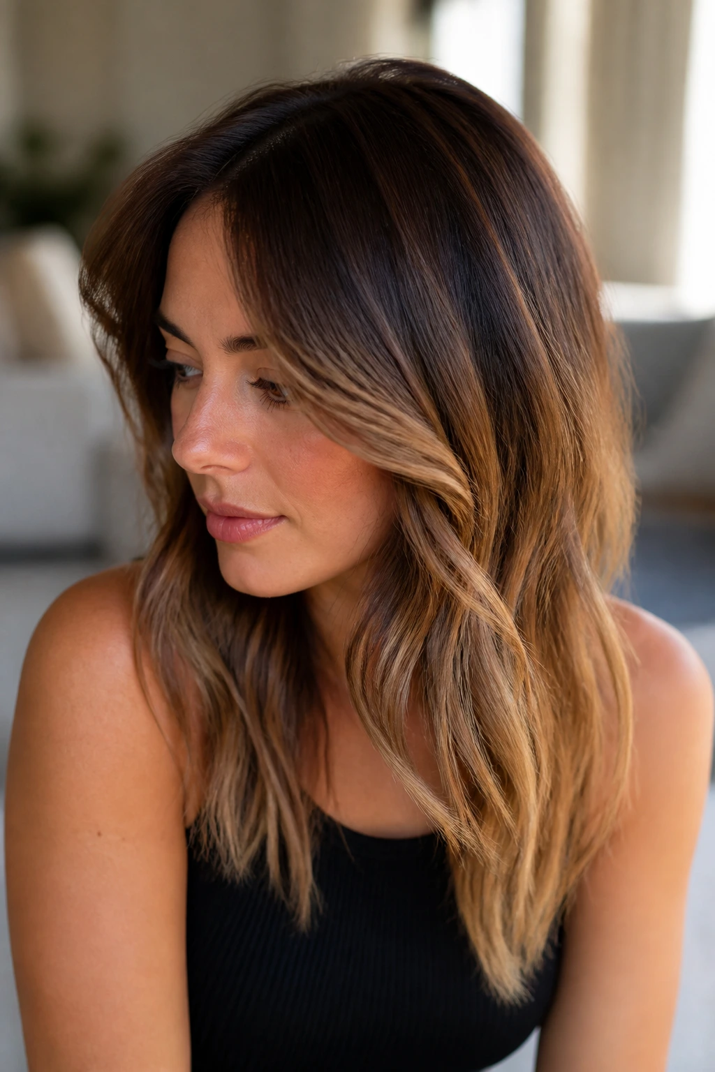 Real person showing reverse balayage with dark chestnut tones and lighter ends