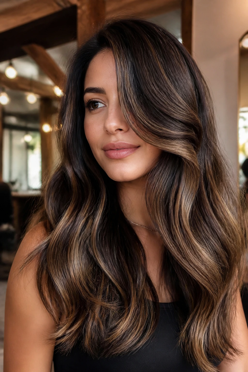 Close-up of olive-skinned woman with deep lowlights in thick hair
