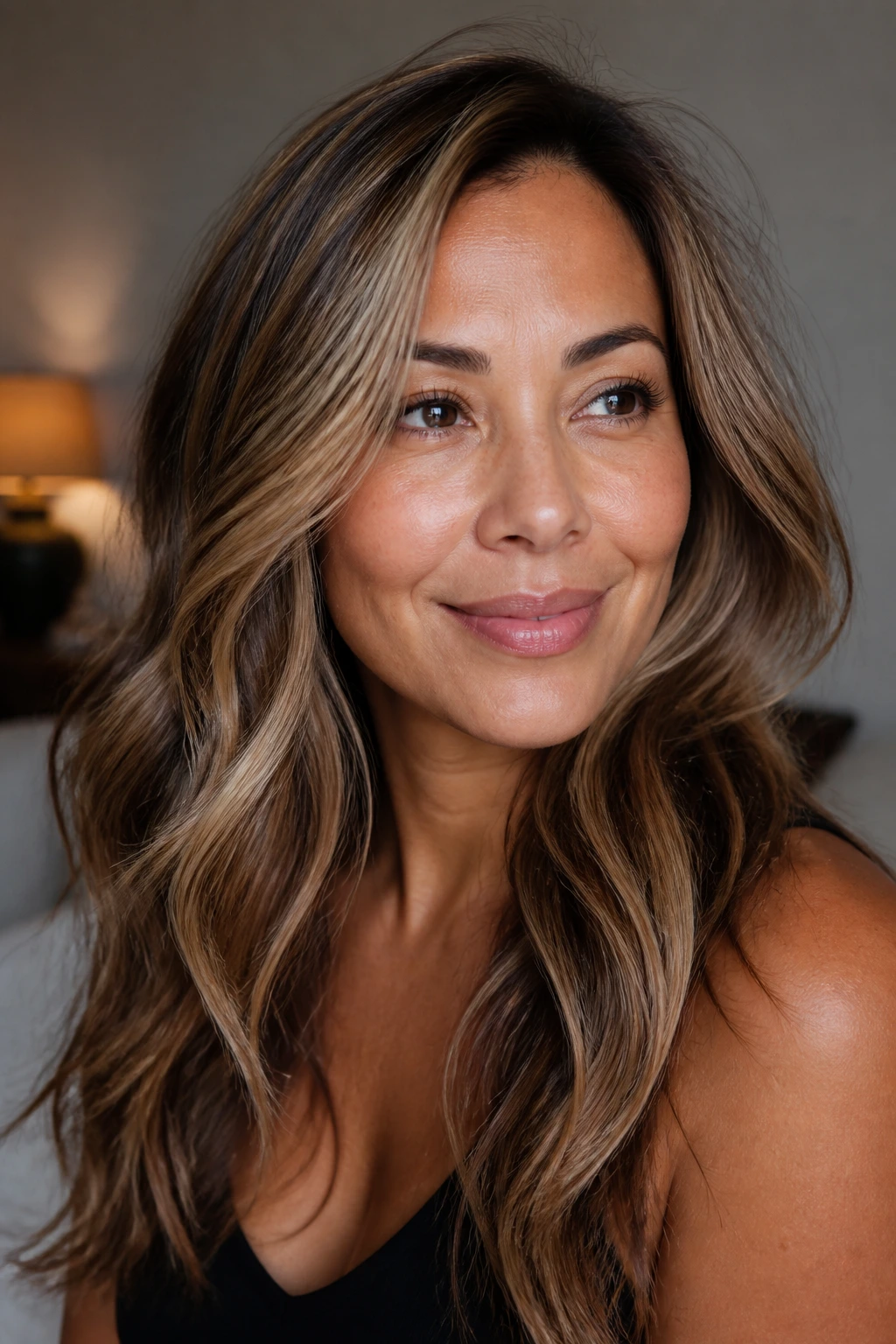 Hair with reverse balayage showing darker caramel ribbons amid lightened hair.