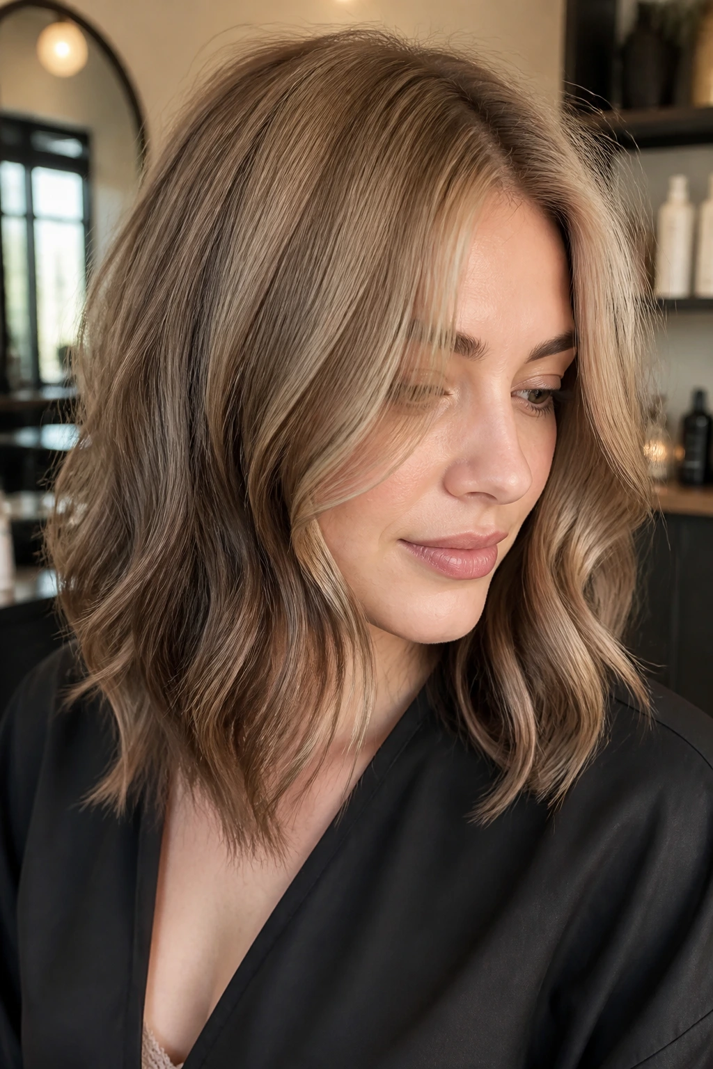 Close-up of a real woman with sandy brown reverse balayage showing darker ends blending into a lighter root in a warm salon setting