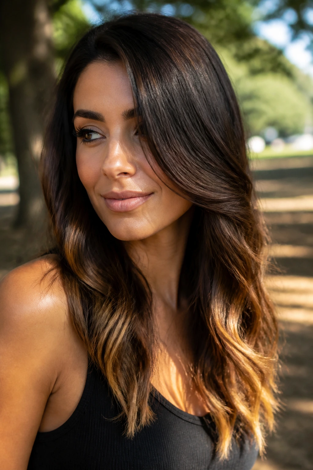 Brunette with reverse balayage and warm ends