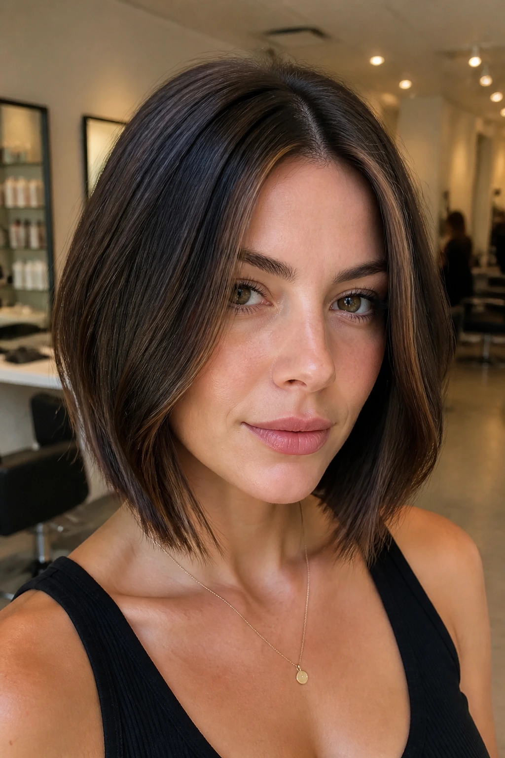 Close-up of brunette bob with deeper front pieces framing the face on a real person.