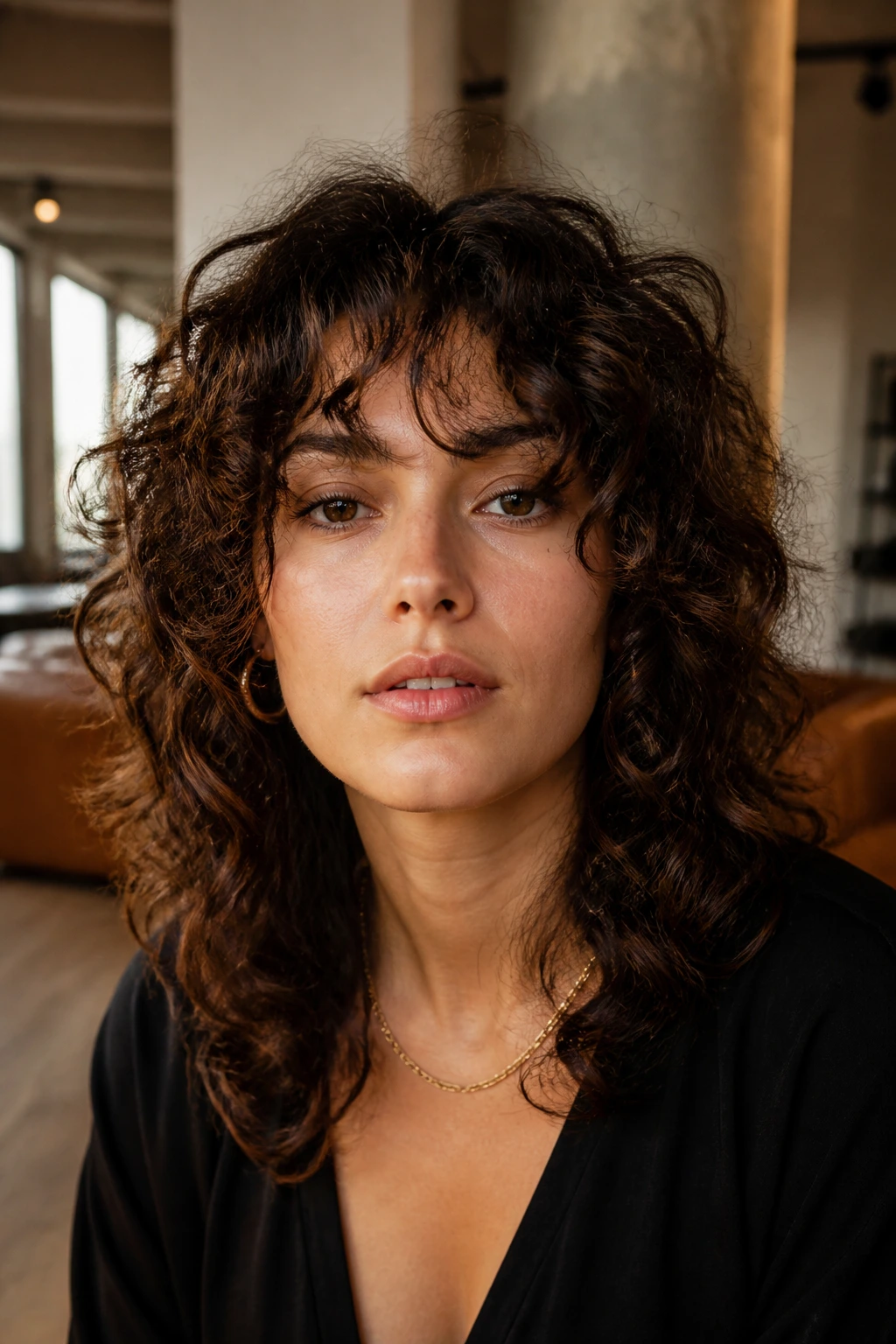 Real woman with Rezo-inspired curly shag, balanced silhouette.
