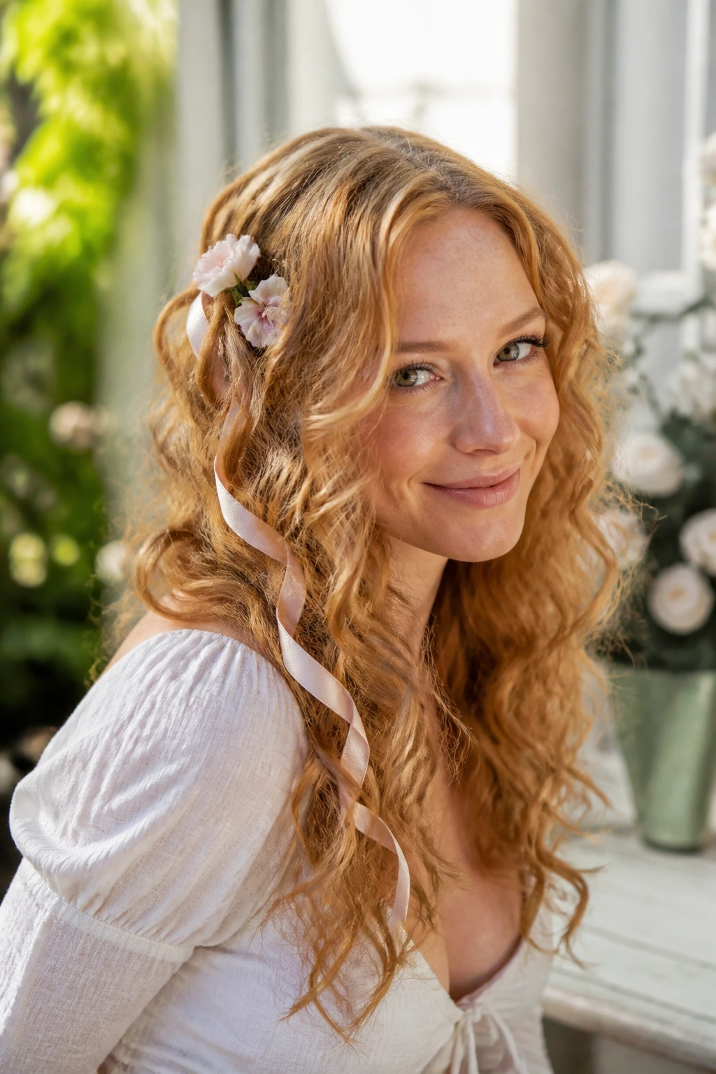Close-up of a real woman with a ribbon accent in curls on strawberry-blonde hair.