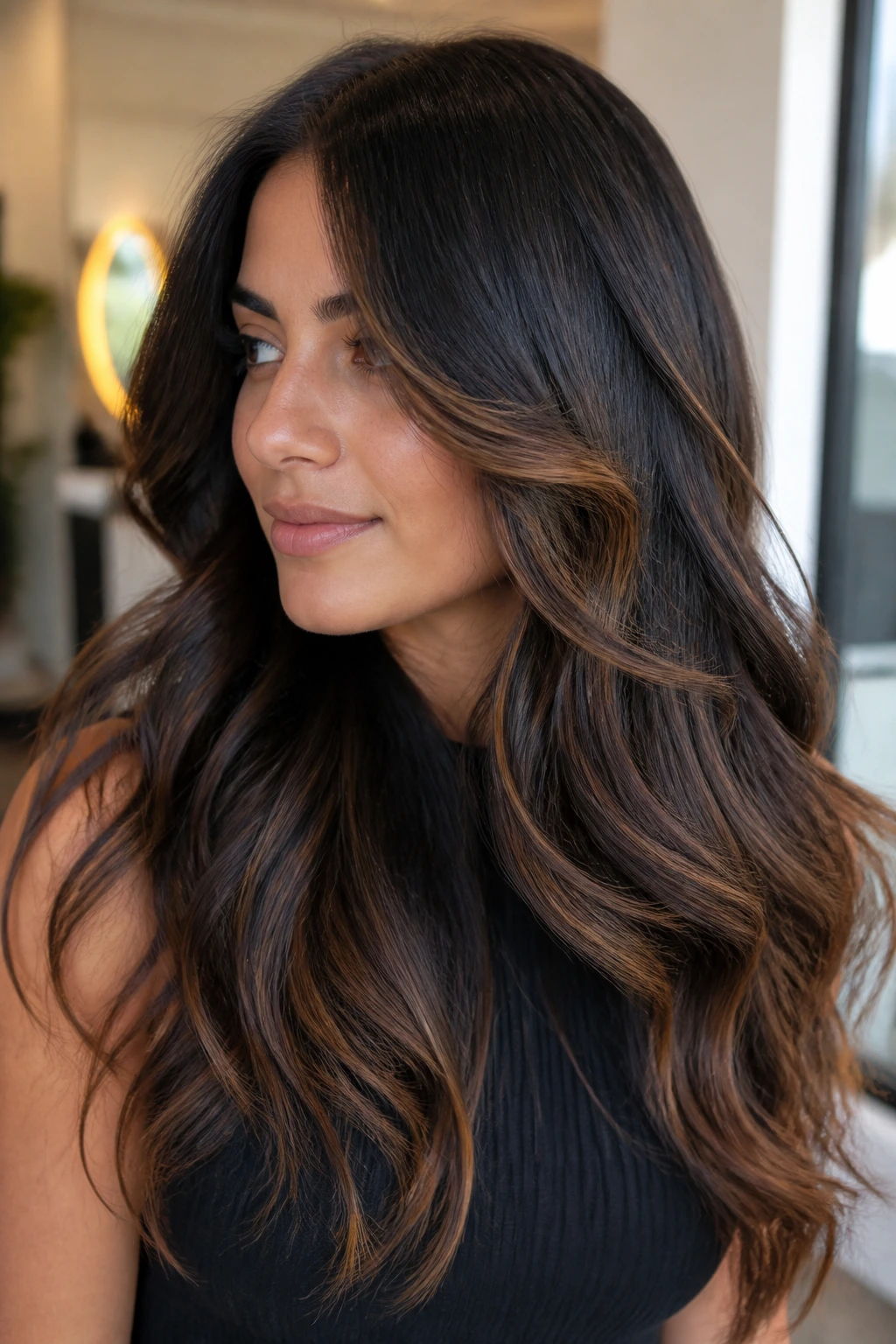 Ribbon balayage through mid-lengths on thick dark hair on a real person