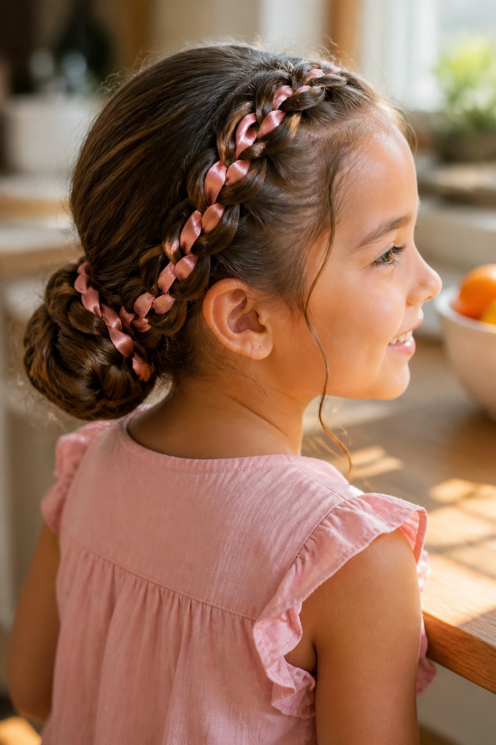 Close-up of a real child with ribbon-woven braids tied into a low bun in a sunlit kitchen