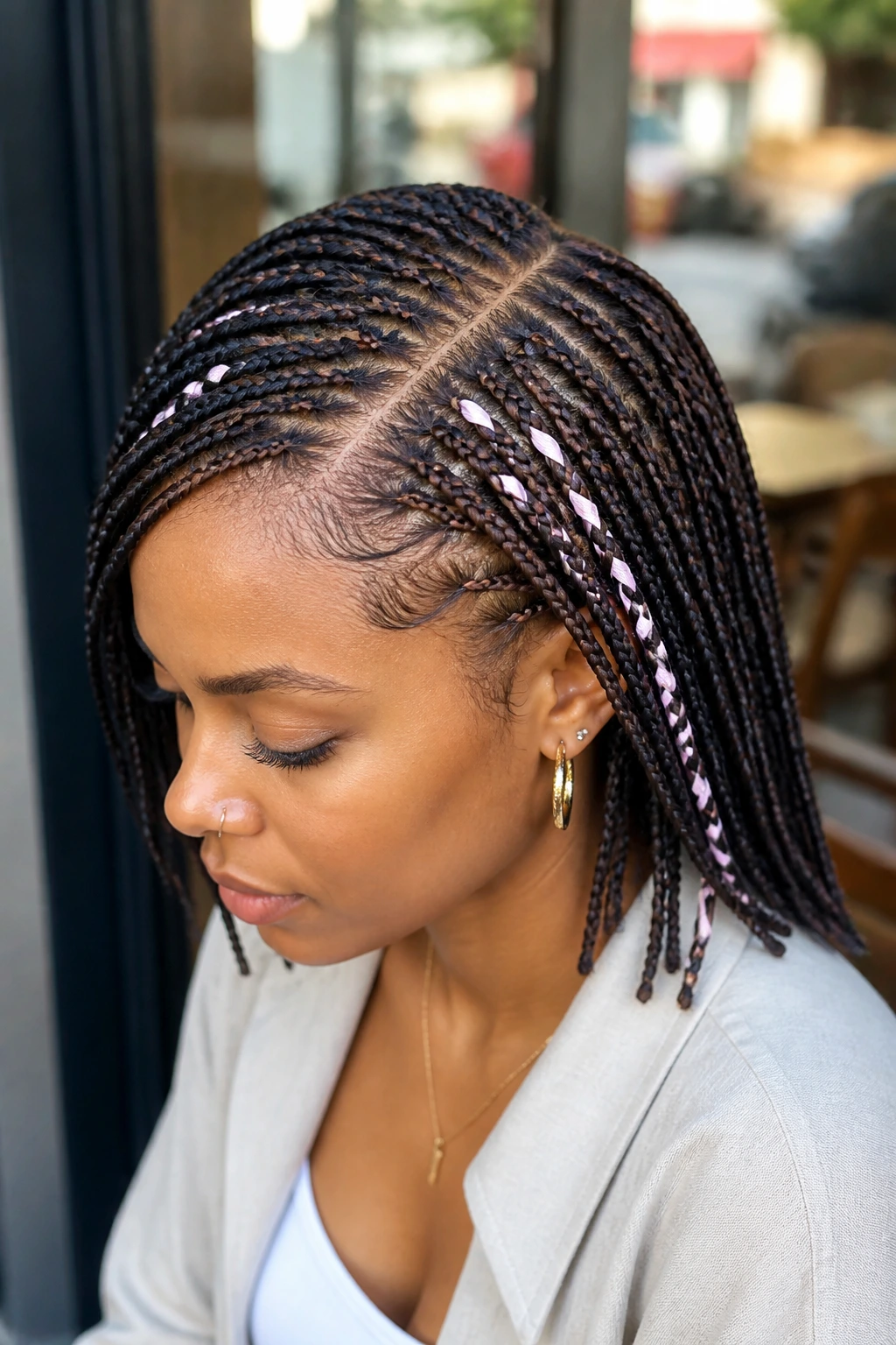 Close-up profile of a real person with side-part ribbon braids