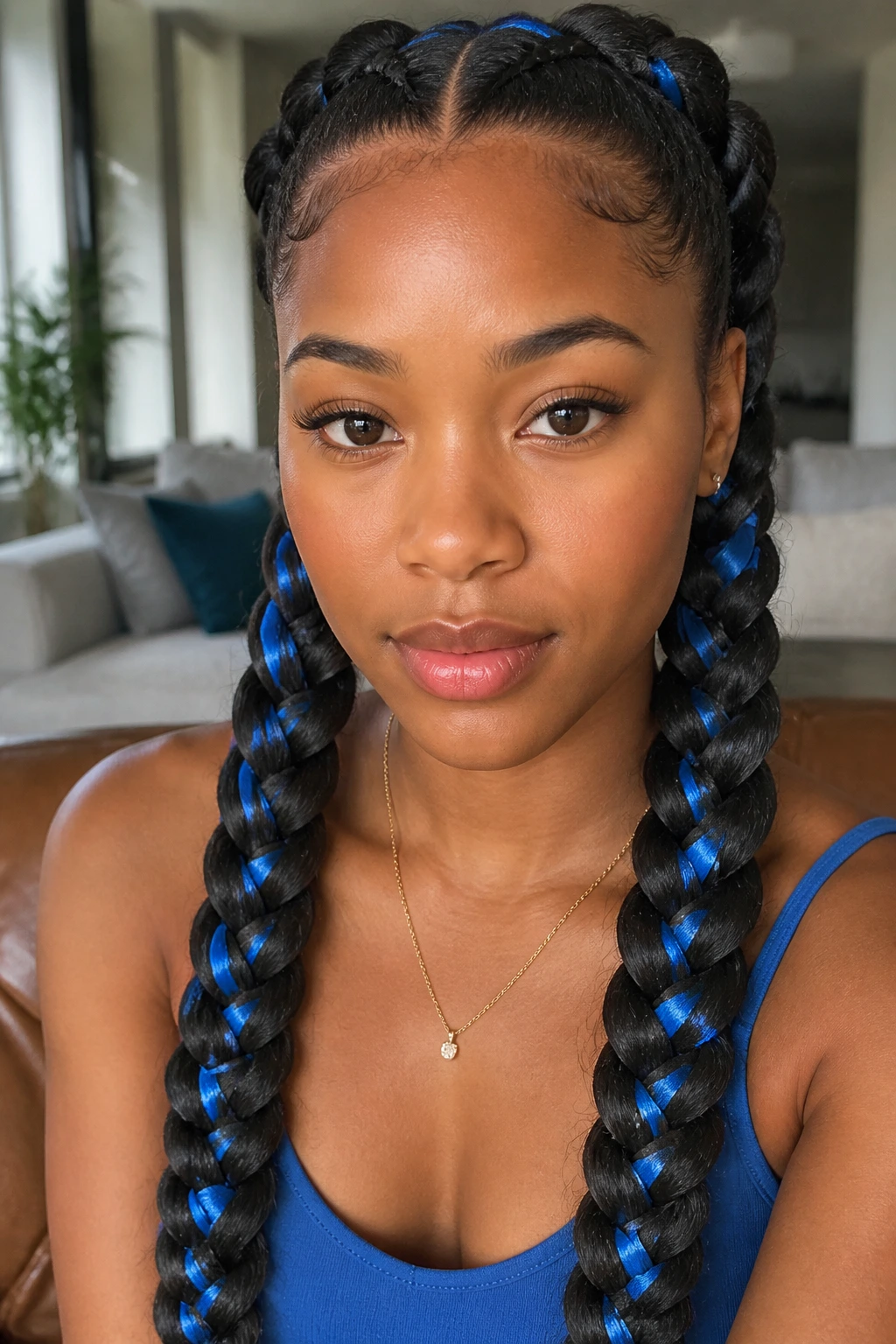 Close-up of double braids woven with ribbon on thick hair