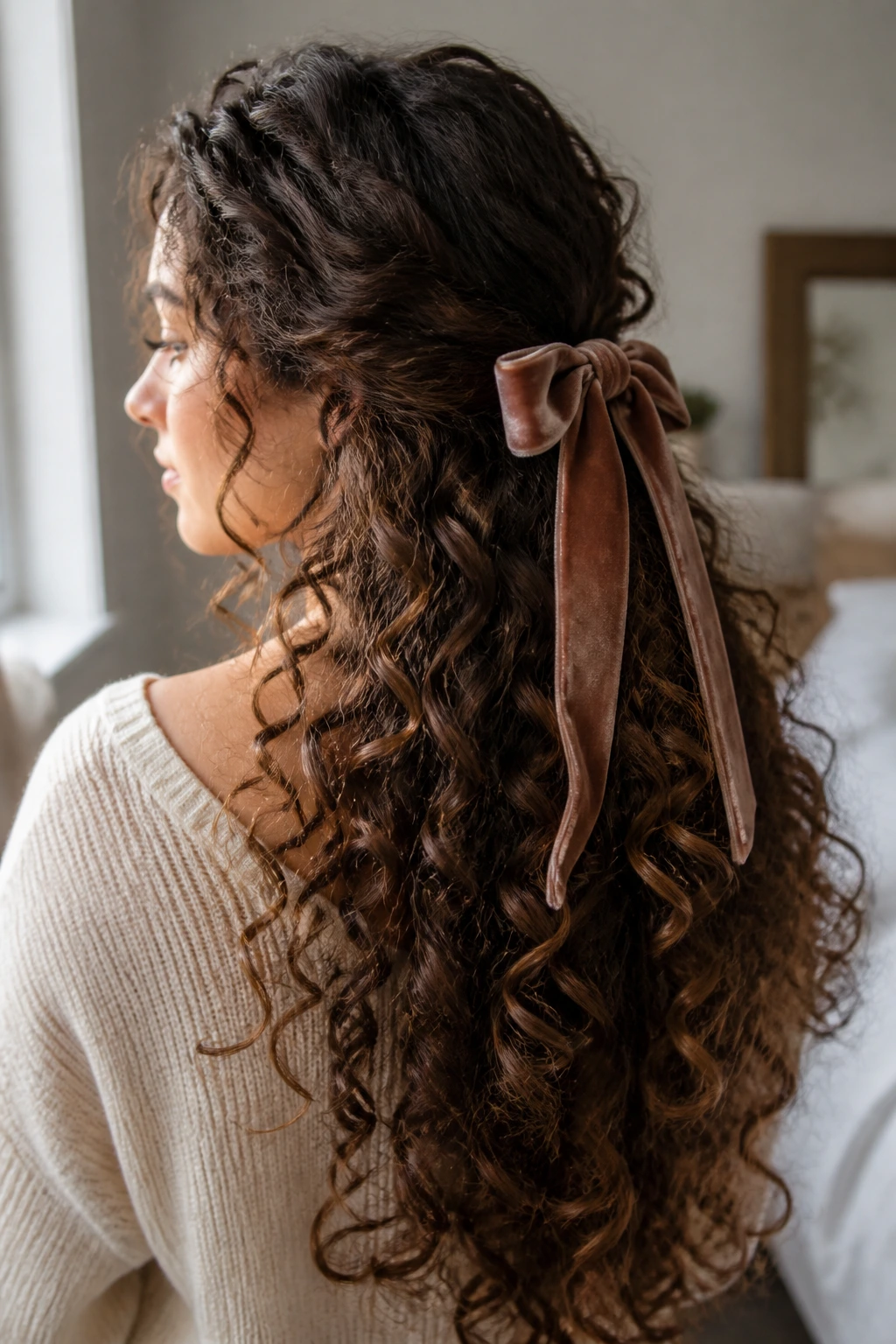 Close-up of a real woman with a ribbon-tied cascade hairstyle