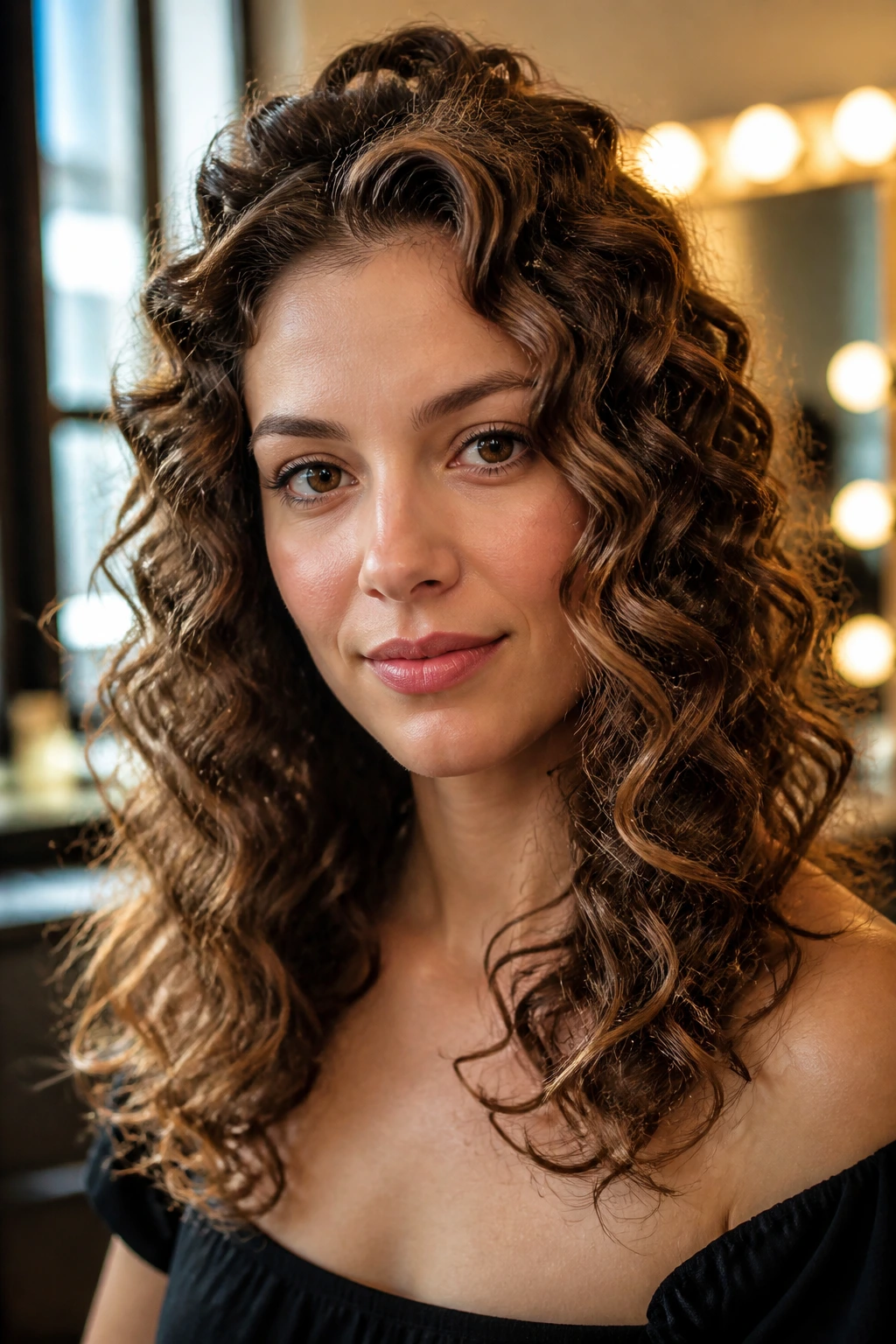 Close-up portrait of a real woman with ribbon curls and airy ends