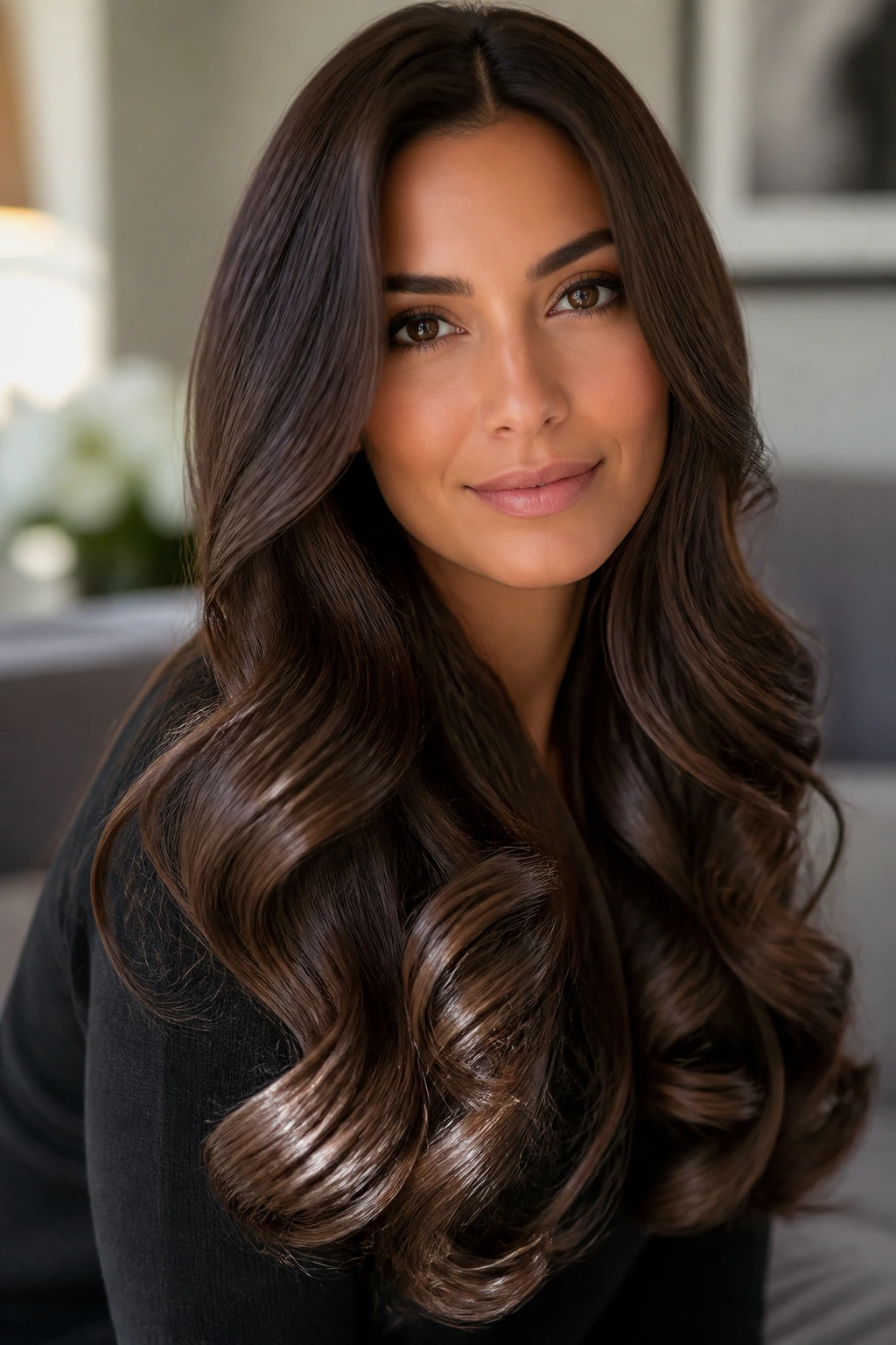 Close-up of a real woman with long smooth curls and glossy ends