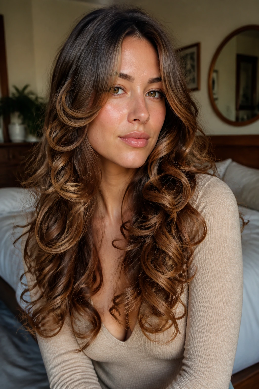 Close-up portrait of a woman with gradient-cut hair and ribbon curls along the length