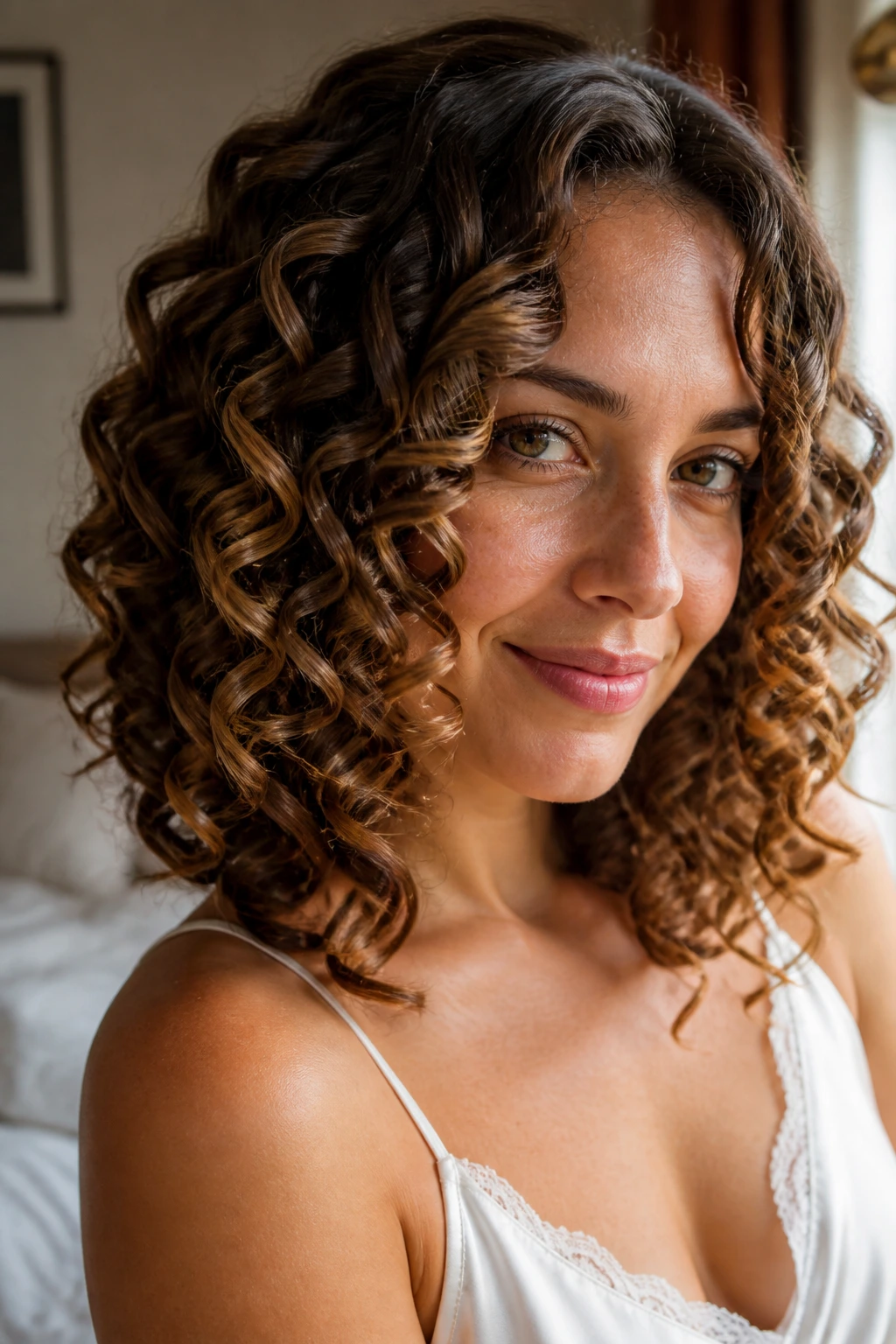 Close-up of a real woman's shoulder-length hair with soft satin ribbon curls in natural light