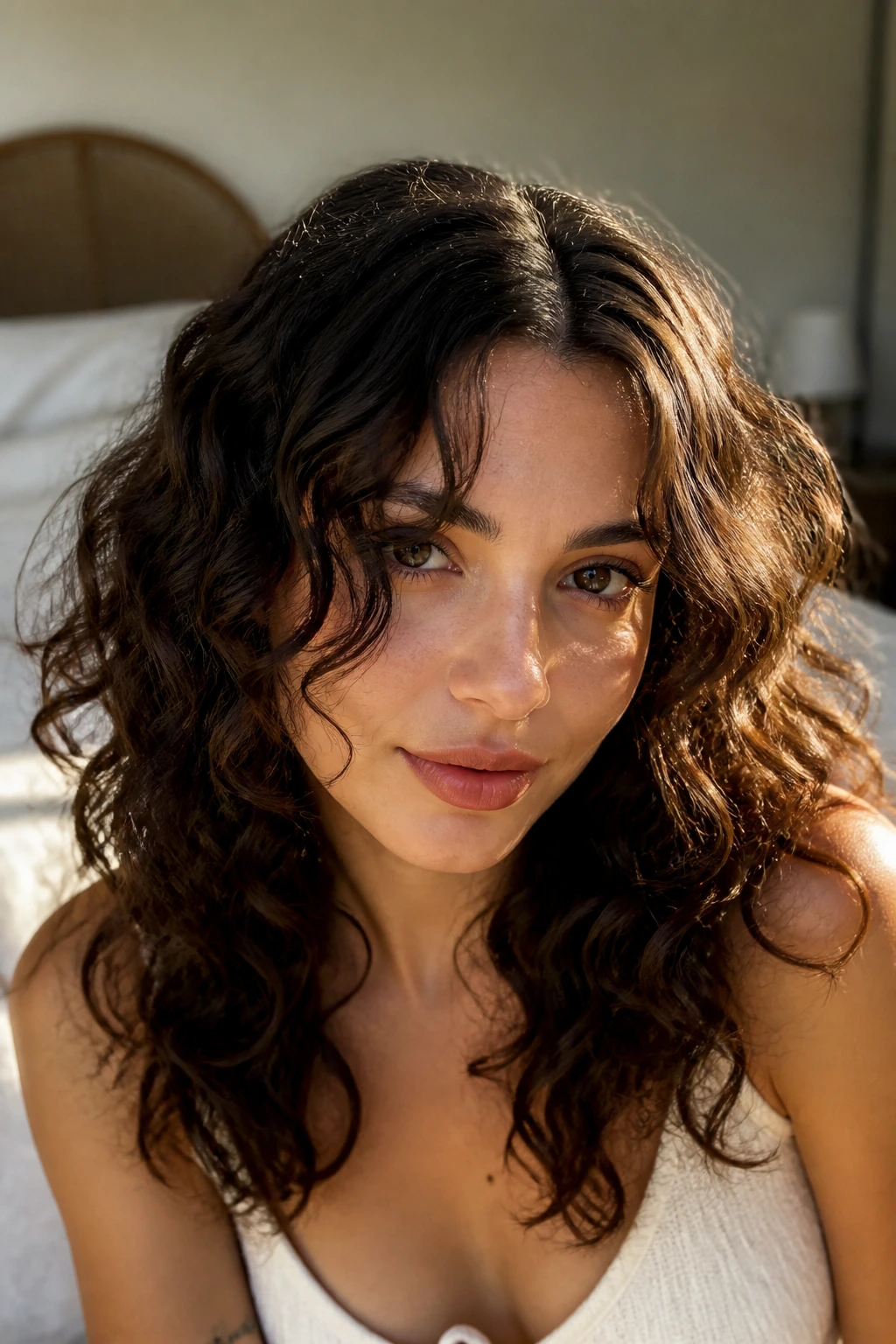Close-up portrait of a real woman with ribbon curtain bangs and a middle part, curls framing the face