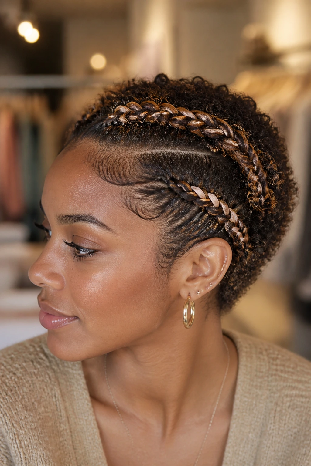 Close-up of a real woman with ribboned Dutch braids and babylights