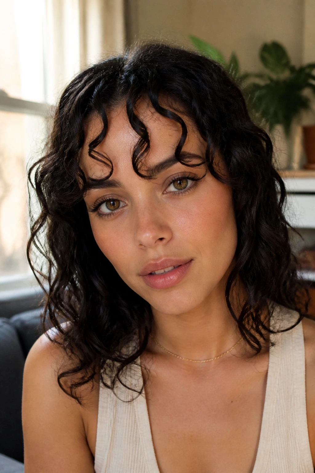 Woman with piecey ribbon fringe showing distinct curl pieces