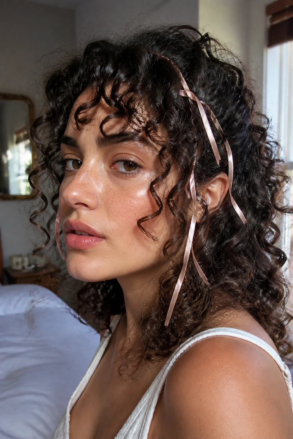 Close-up of ribbon-highlighted fringe on curly hair with soft dimension around the face.