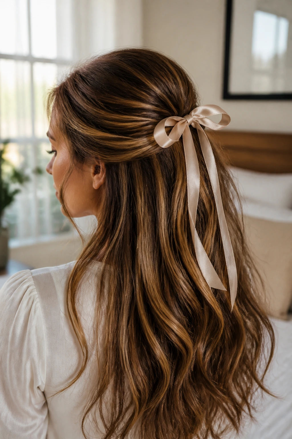 Close-up portrait of a woman with a ribbon-tied half-up bow hairstyle and caramel highlights