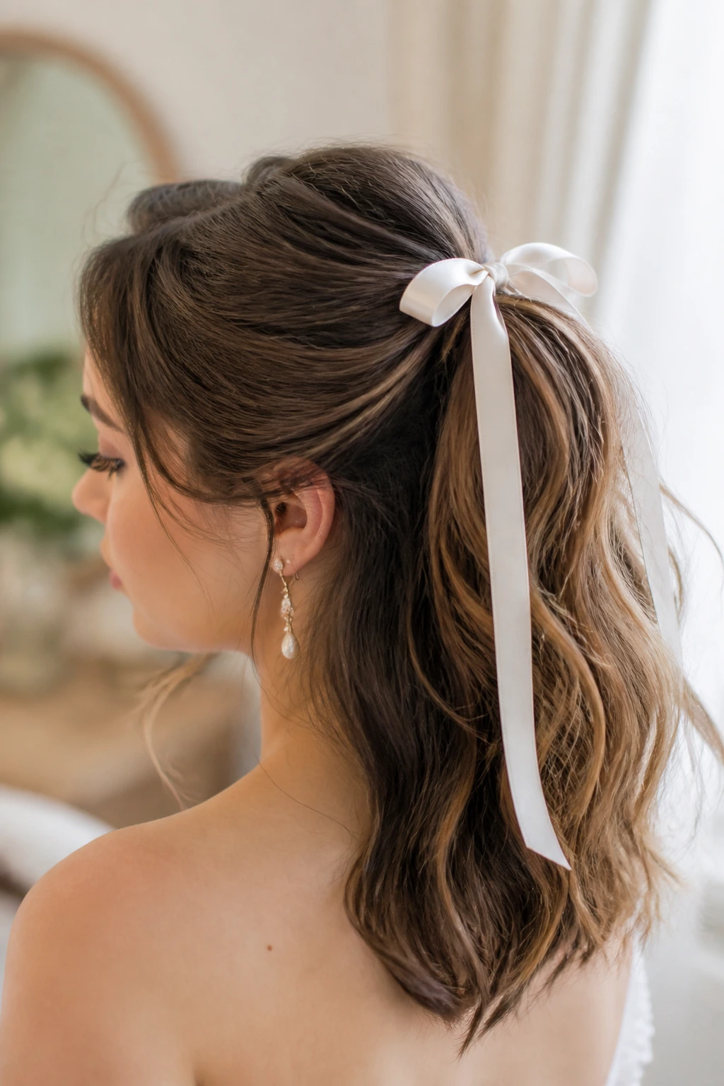 Close-up of a real woman's ribbon-tied half ponytail in a bridal setting