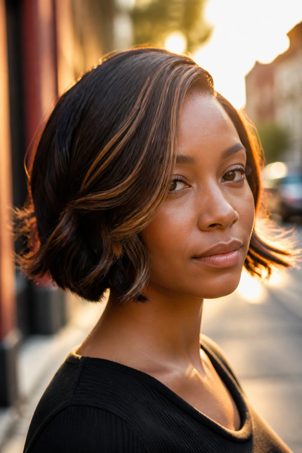 Portrait of a real woman with ribbon-highlighted bob and face-framing highlights.