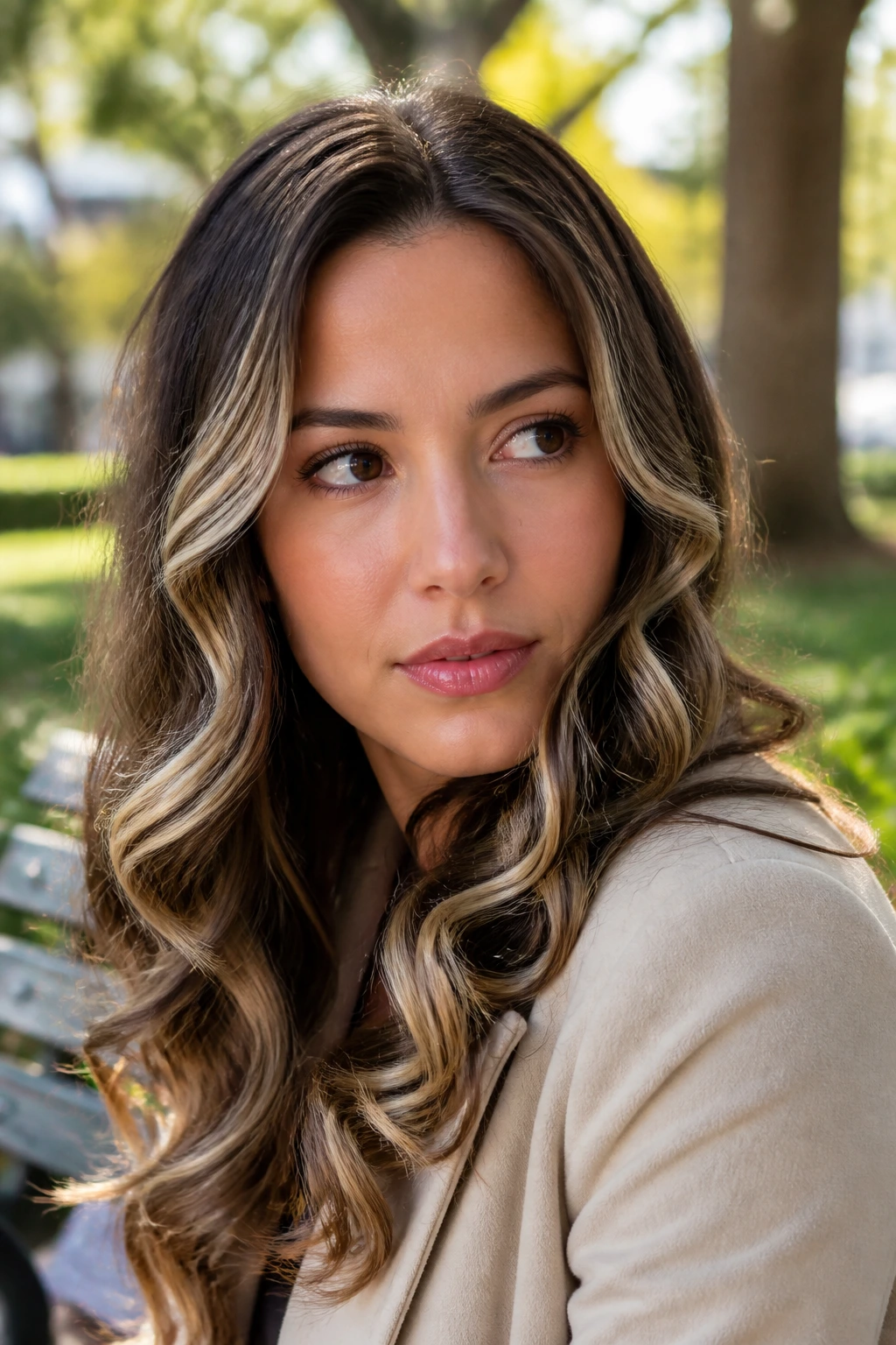 Portrait of a real person with ribbon highlights in loose curls catching light