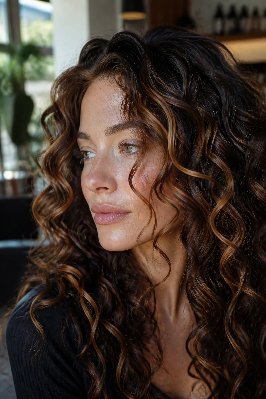 Close-up of a real woman with curly hair showing bronze ribbon highlights woven through curls.