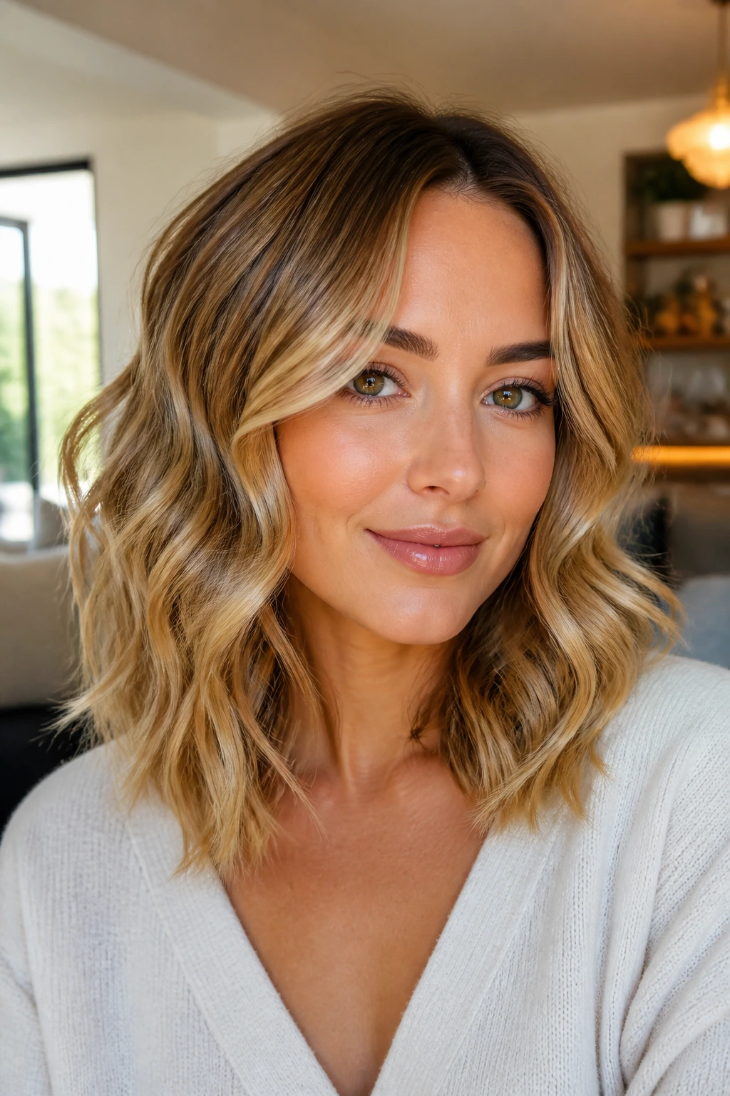 Close-up of a real woman with mid-length curls and ribbon highlights