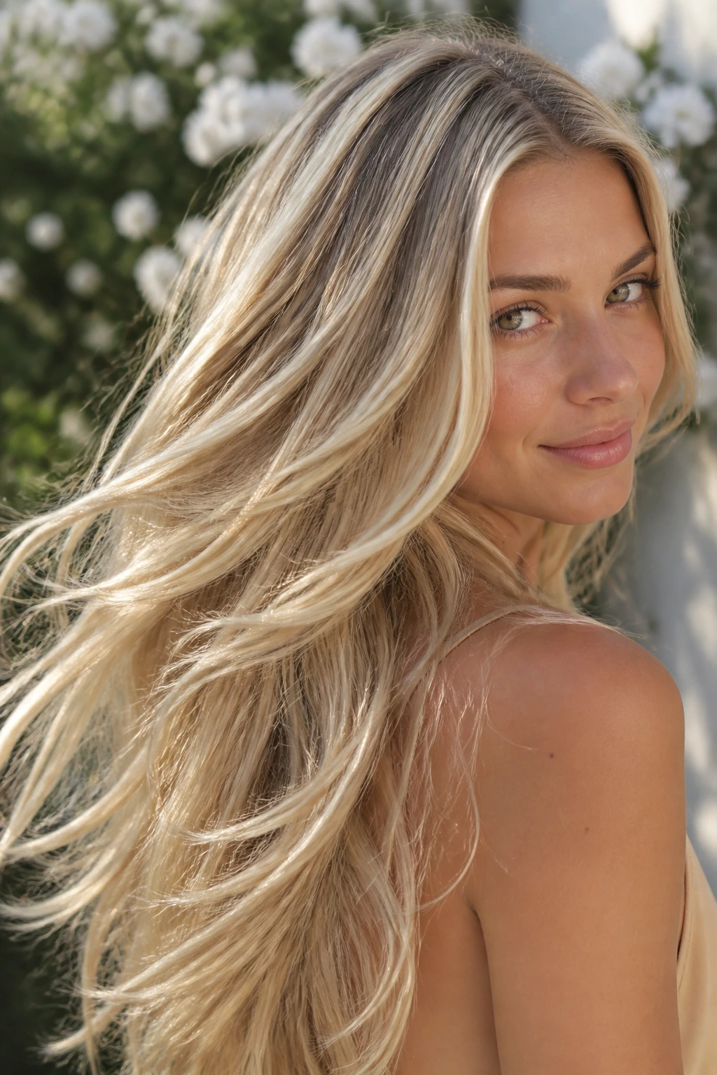 Close-up of a real woman with long pale-blonde hair featuring ribbon highlights in motion outdoors