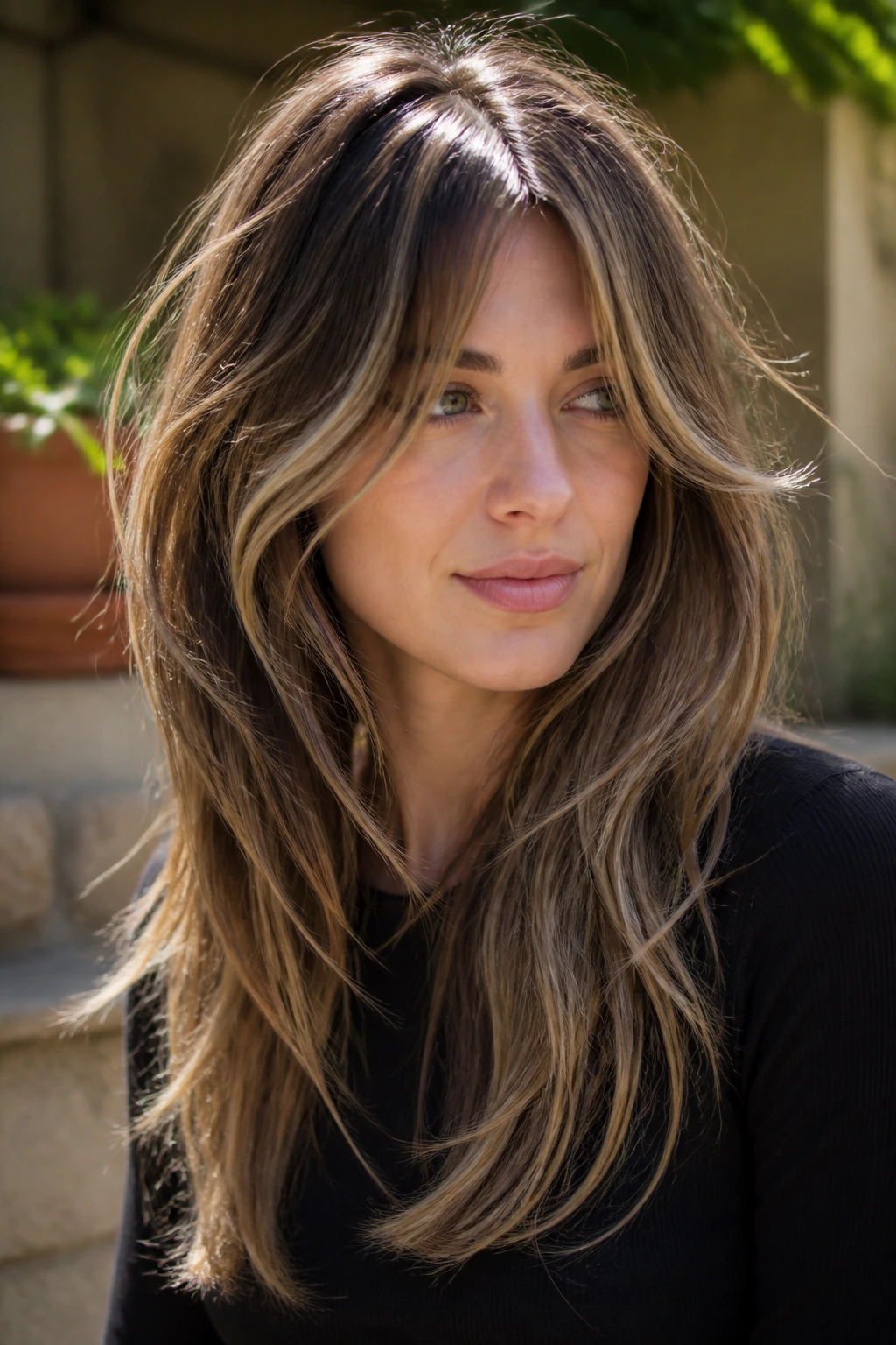 Real woman with ribbon highlights in a long shag hairstyle outdoors