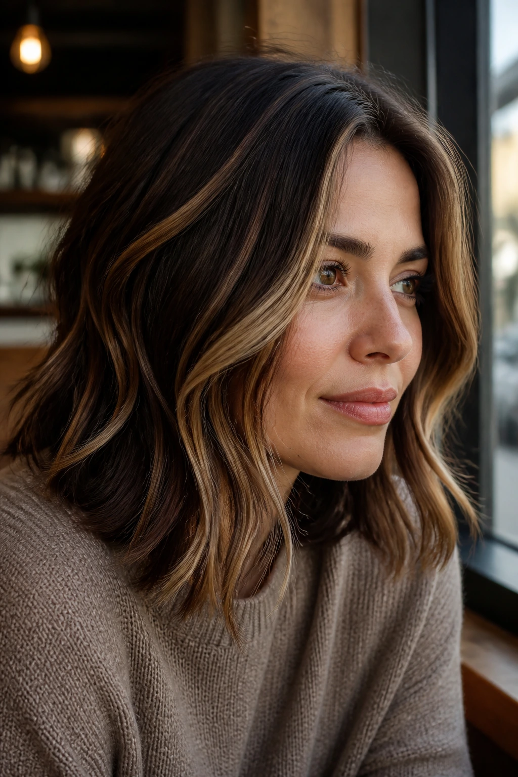 Shoulder-length brunette with ribbon highlights in a cafe setting