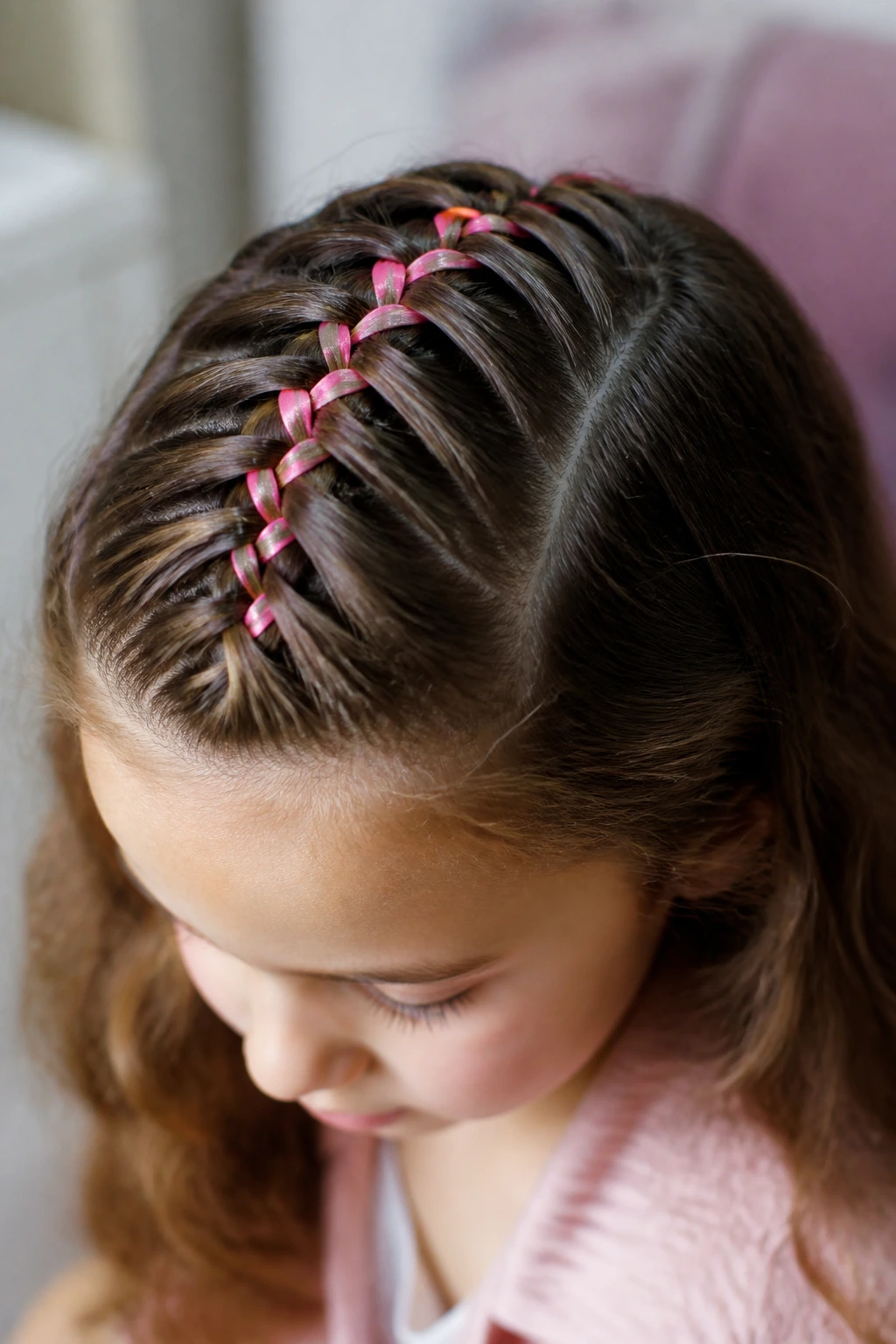 Close-up of a real child with a ribbon-laced French weave