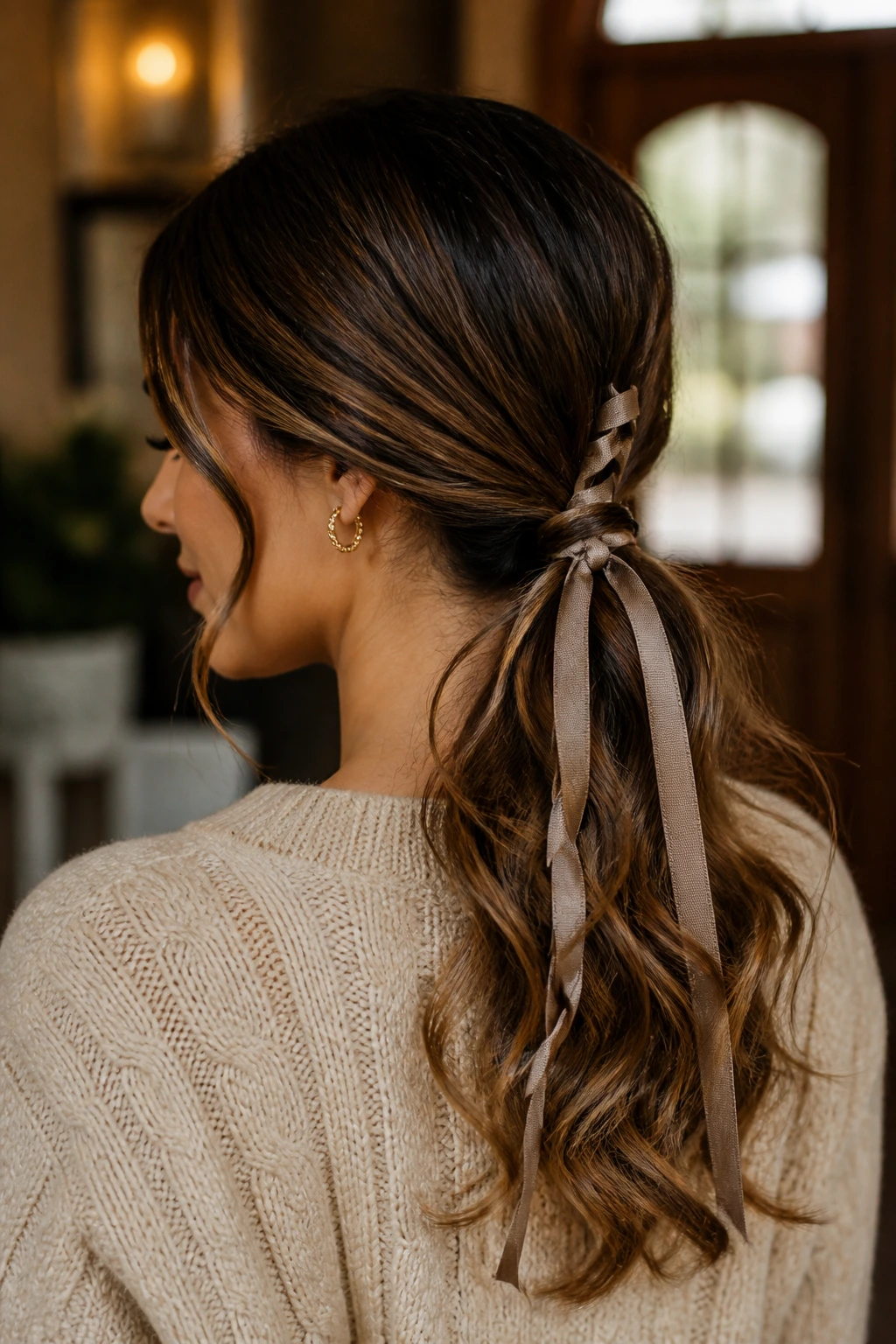 Woman with a ribbon-laced low ponytail and curling ends