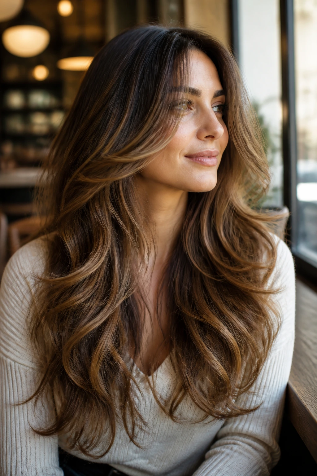 Close-up portrait of a woman with ribbon layers in dense wavy hair.