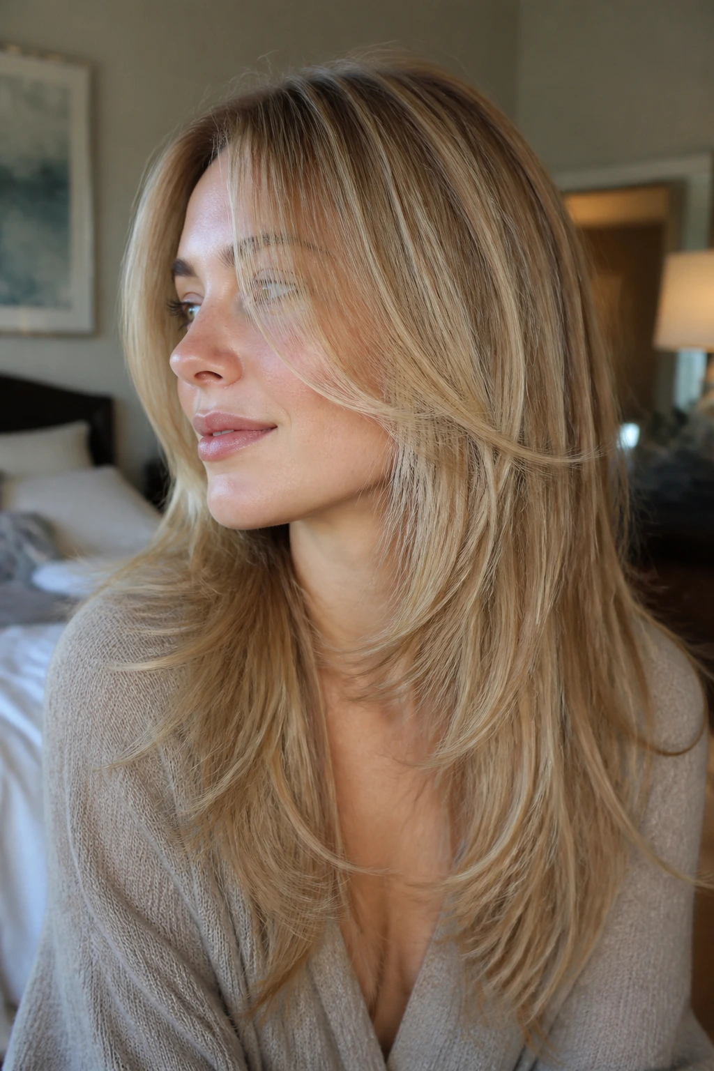 Close-up of a real woman with fine hair showing feather-light ribbon layers around the face