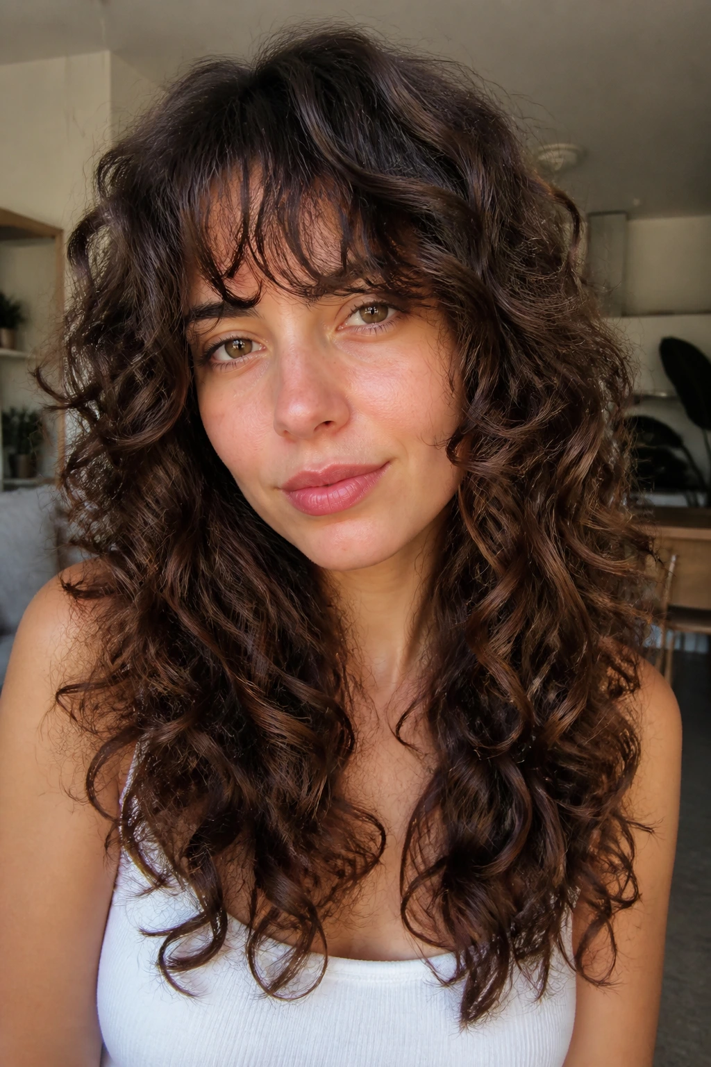 Real woman with ribbon layers and a low-drama fringe