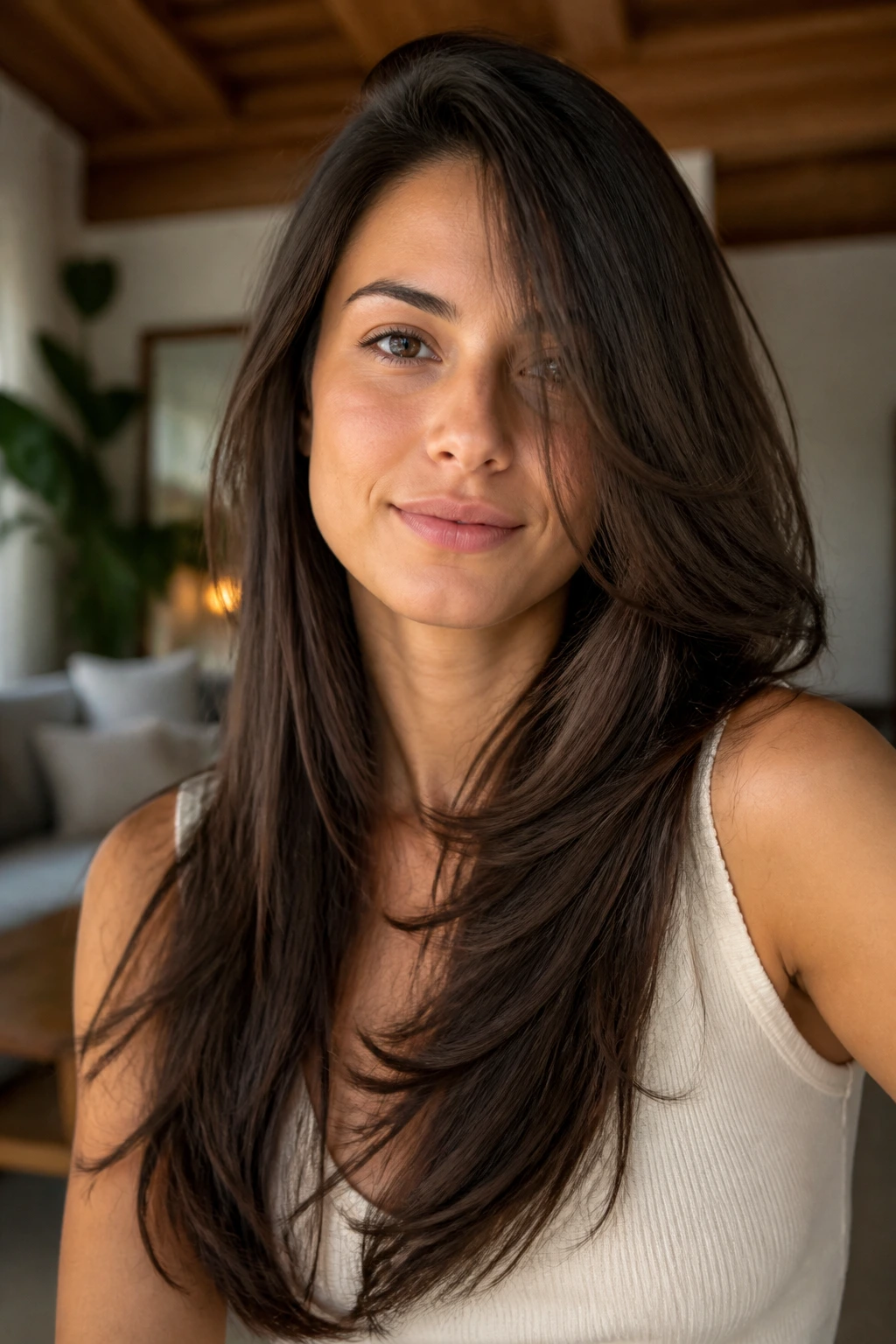 Close-up of a real woman's side-draped ribbon layers framing her face in a sunlit living room