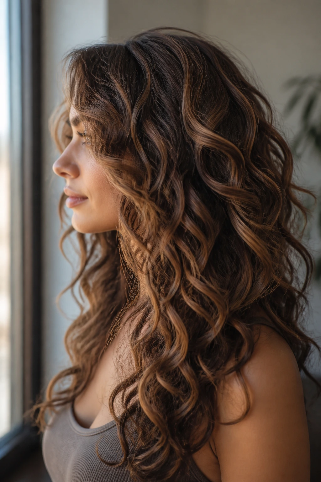 Close-up of a real woman with ribbon layers in loose spiral curls
