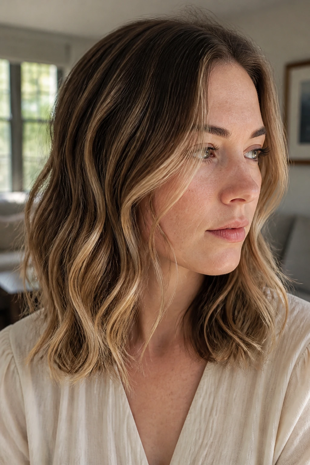 Close-up of real woman with mid-length ribbon lights in wavy hair near a window