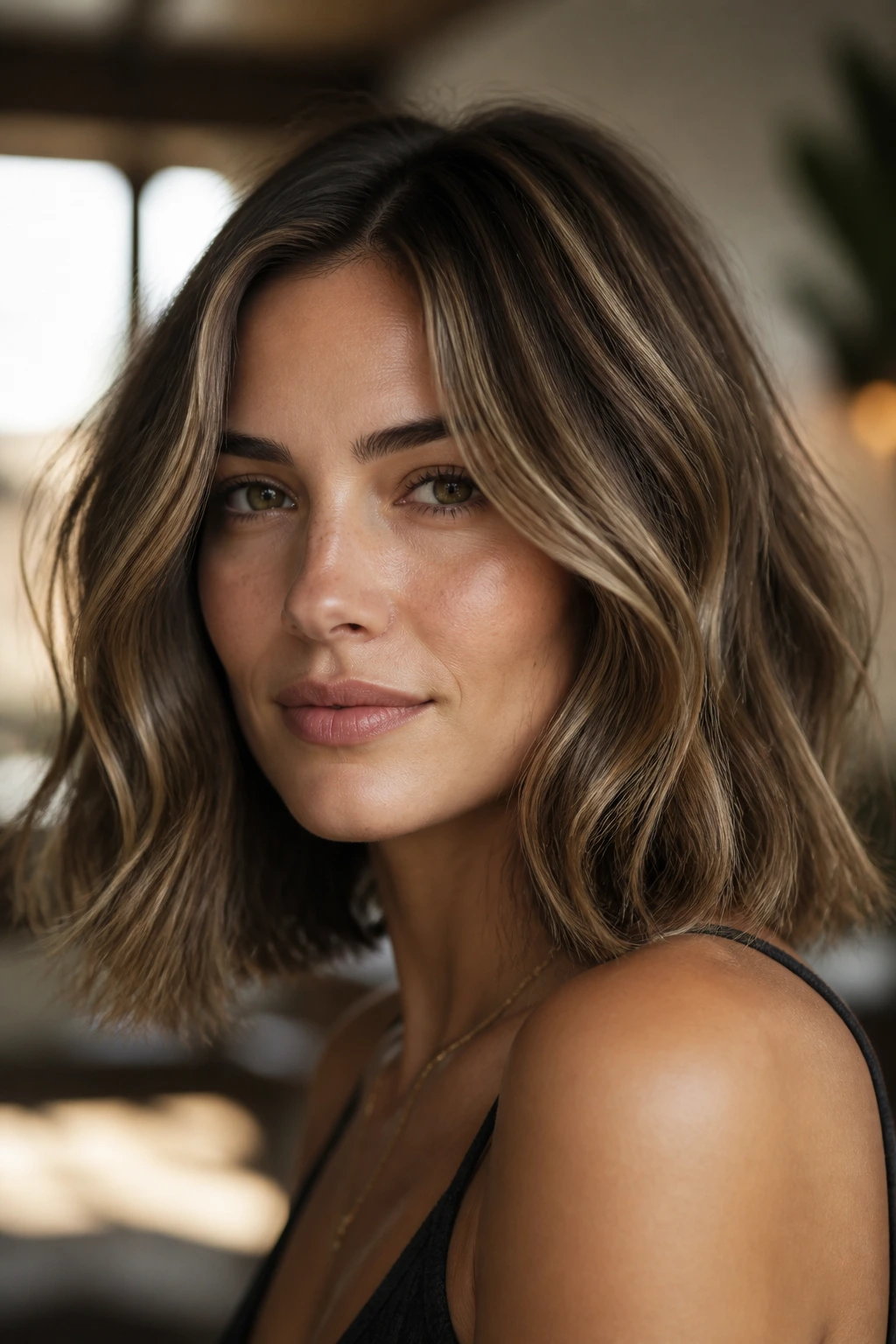 Brunette with ribbon light highlights following a wavy lob hairstyle.